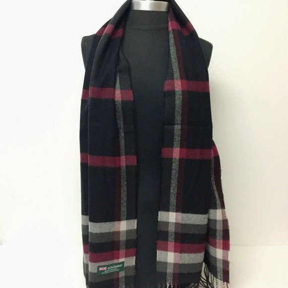 Mens 100% CASHMERE SCARF Plaid Black/Wine/Gray - Picture 3 of 4